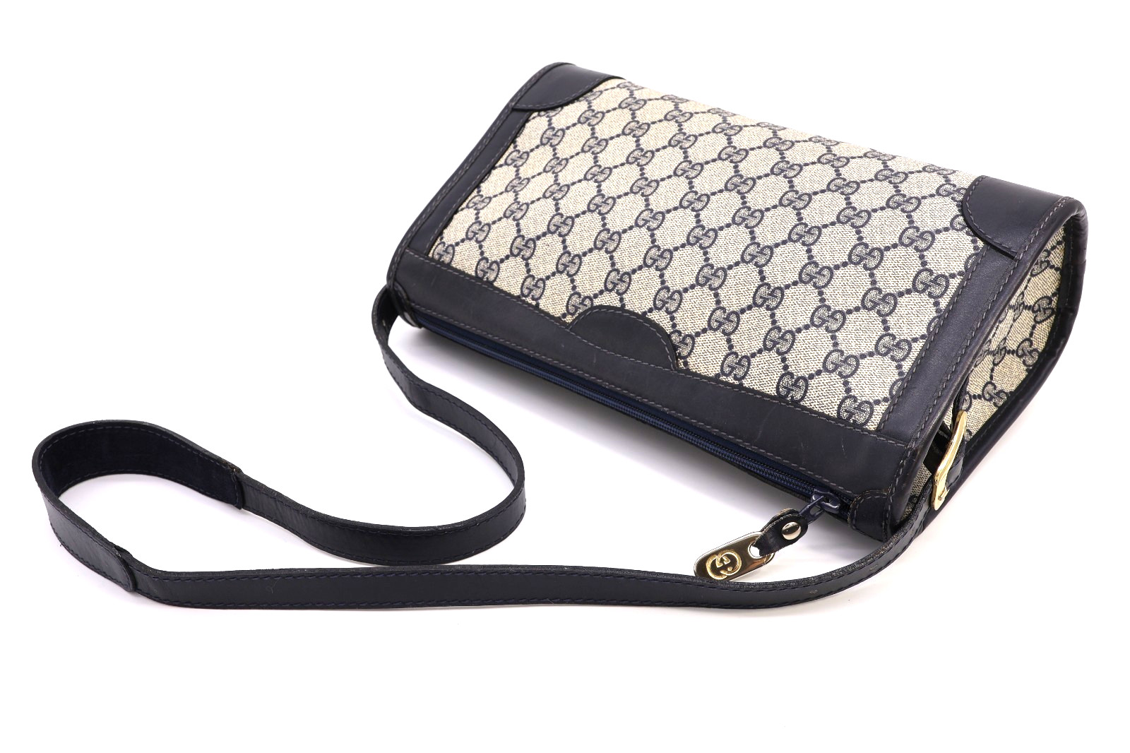 GUCCI VINTAGE GG Supreme Shoulder Bag Medium Classic Navy Authentic