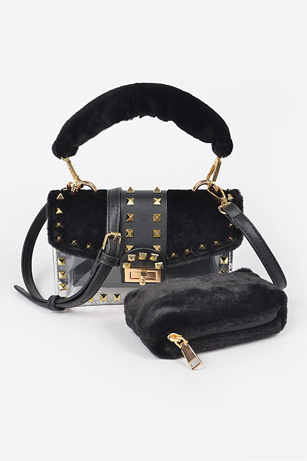 handbags women Faux Fur Clear Studded Bag WITH FAUX FUR POUCH AND SHOULDER STRAP