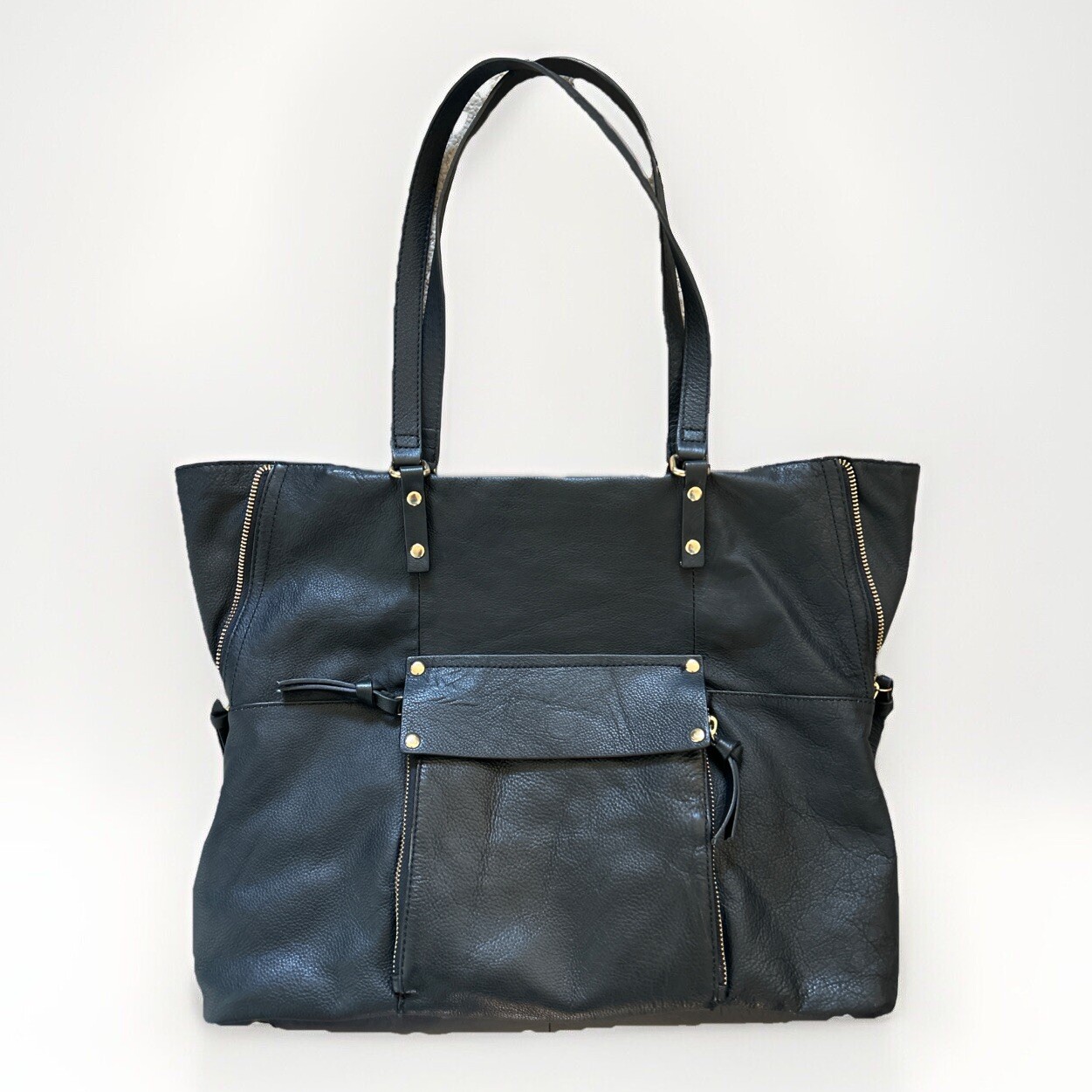 Kooba Soft Black Pebbled Leather “Everette” Shoulder Bag Tote Expansion Zippers