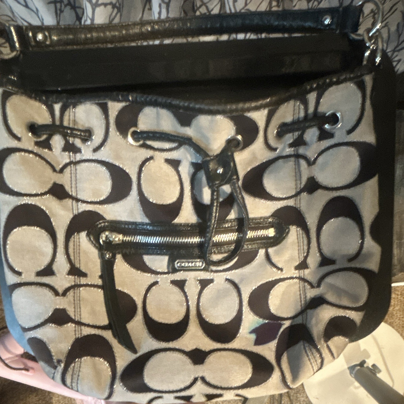 Coach Signature Gray Black Crescent Shoulder Bag Drawstring Zip Detachable Strap