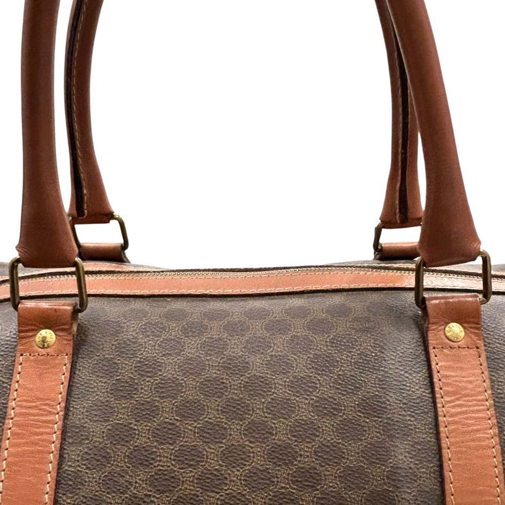 Auth CELINE Macadam Boston Bag Brown Leather Canvas Travel Gold w/Shoulder Strap