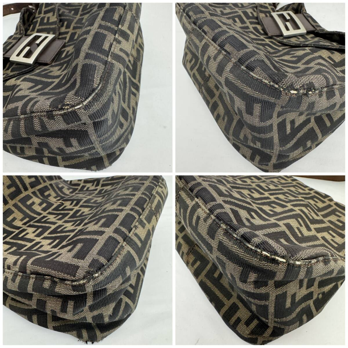 FENDI Mamma Baguette Shoulder Handbag Zucca Pattern Khaki Black Leather Brown