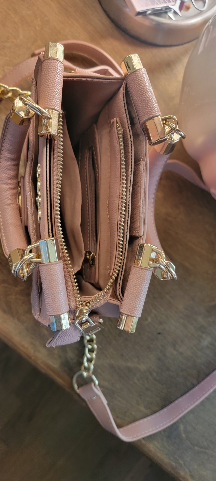 bebe Pink Quilted Satchel Top Handle Bag Gold Hardware Zip Detachable Strap