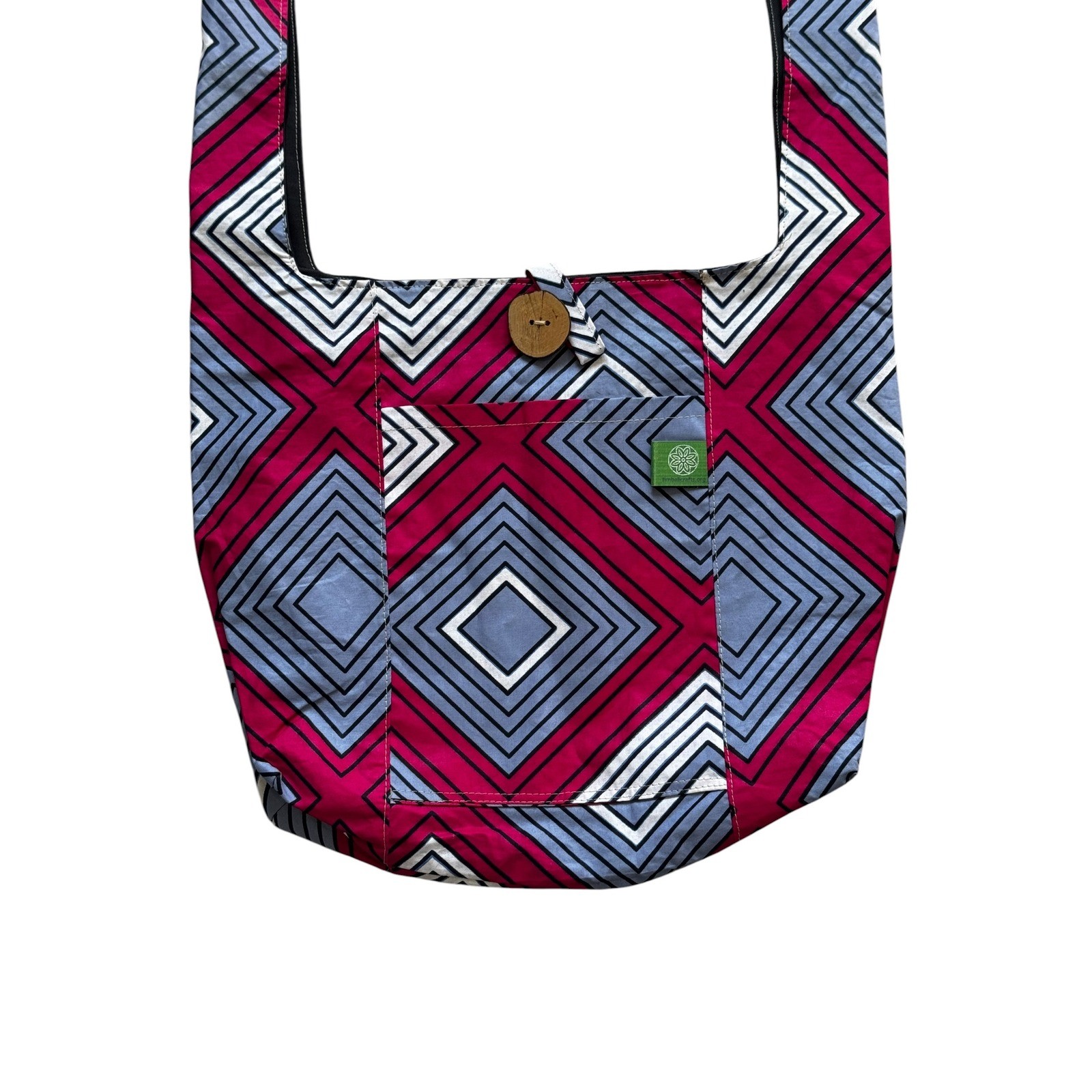Timbali Crafts Handmade Geometric Pink Grey Hobo Crossbody Bag Wood Button