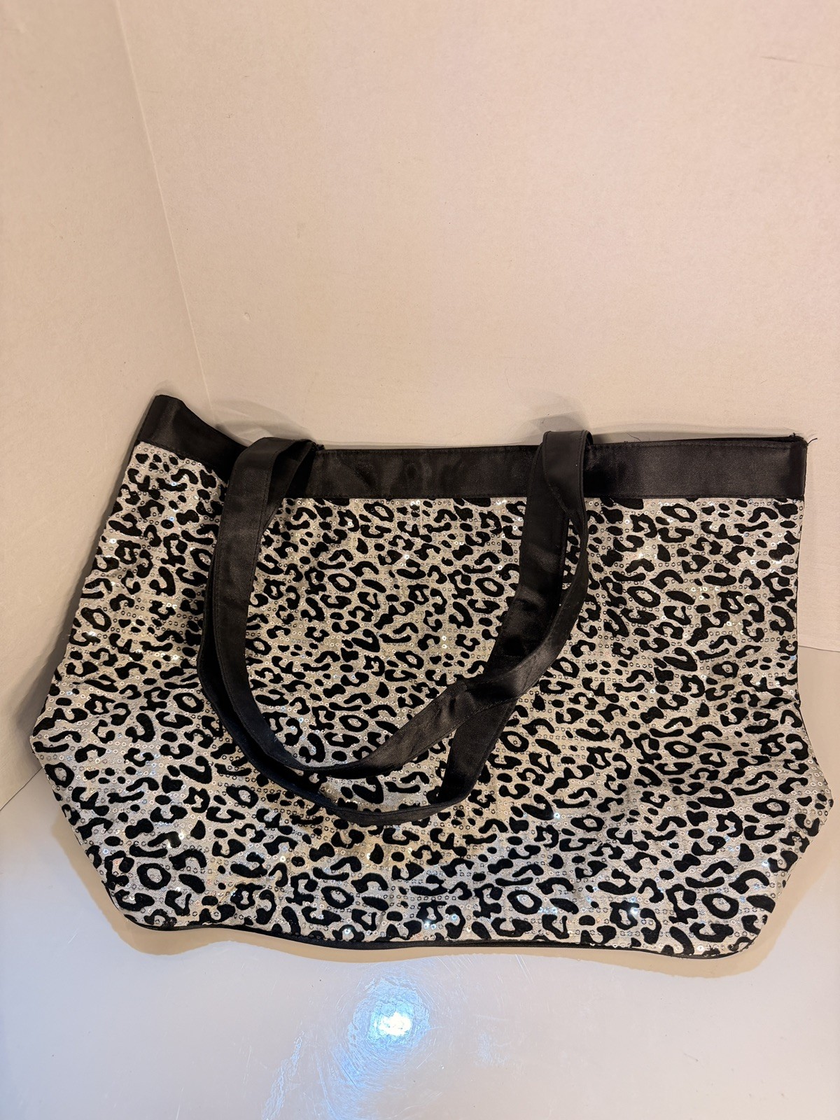 Leopard Print Women’s Tote Sequin Bag Black White Travel Bag