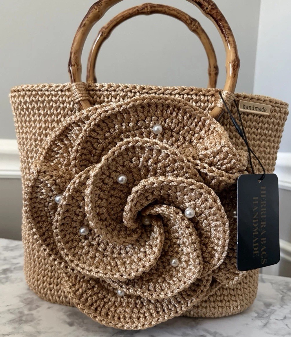 Handmade Crochet Floral Handbag Large 3D Flower Pearl Beige Purse Tote Bag