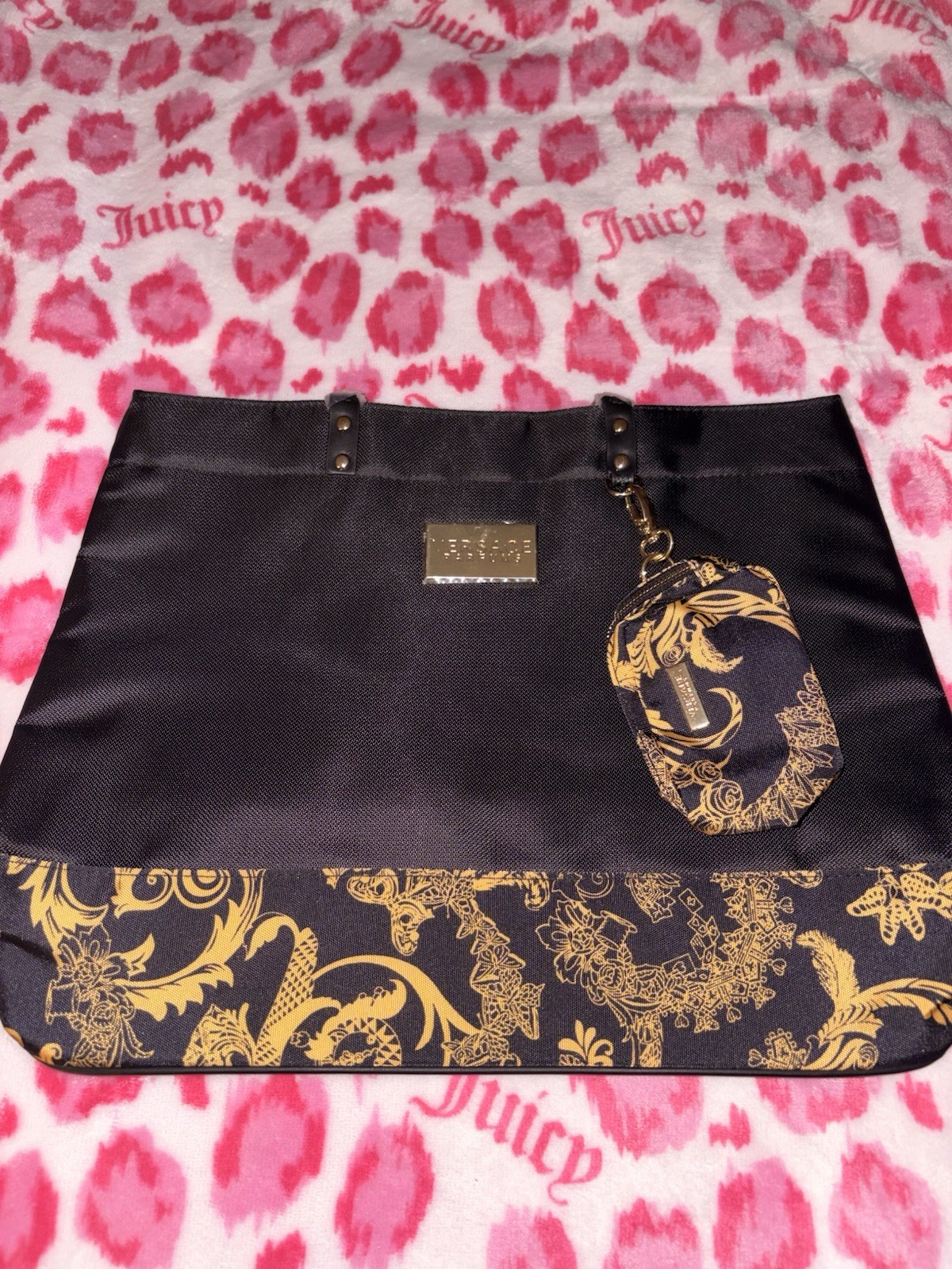 Versace Parfums Medusa Black & Gold Large Tote Bag w/ Pouch, Inner Pockets