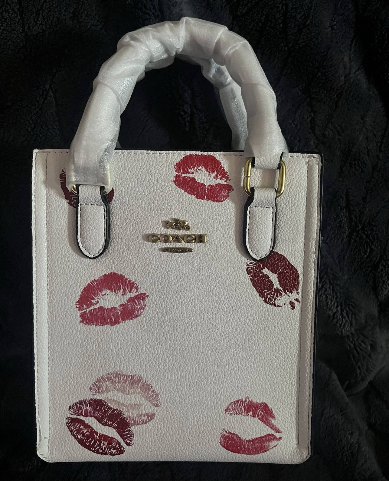Coach Small Satchel Top Handle Bag White/Red Kiss Print Detachable Strap Gold