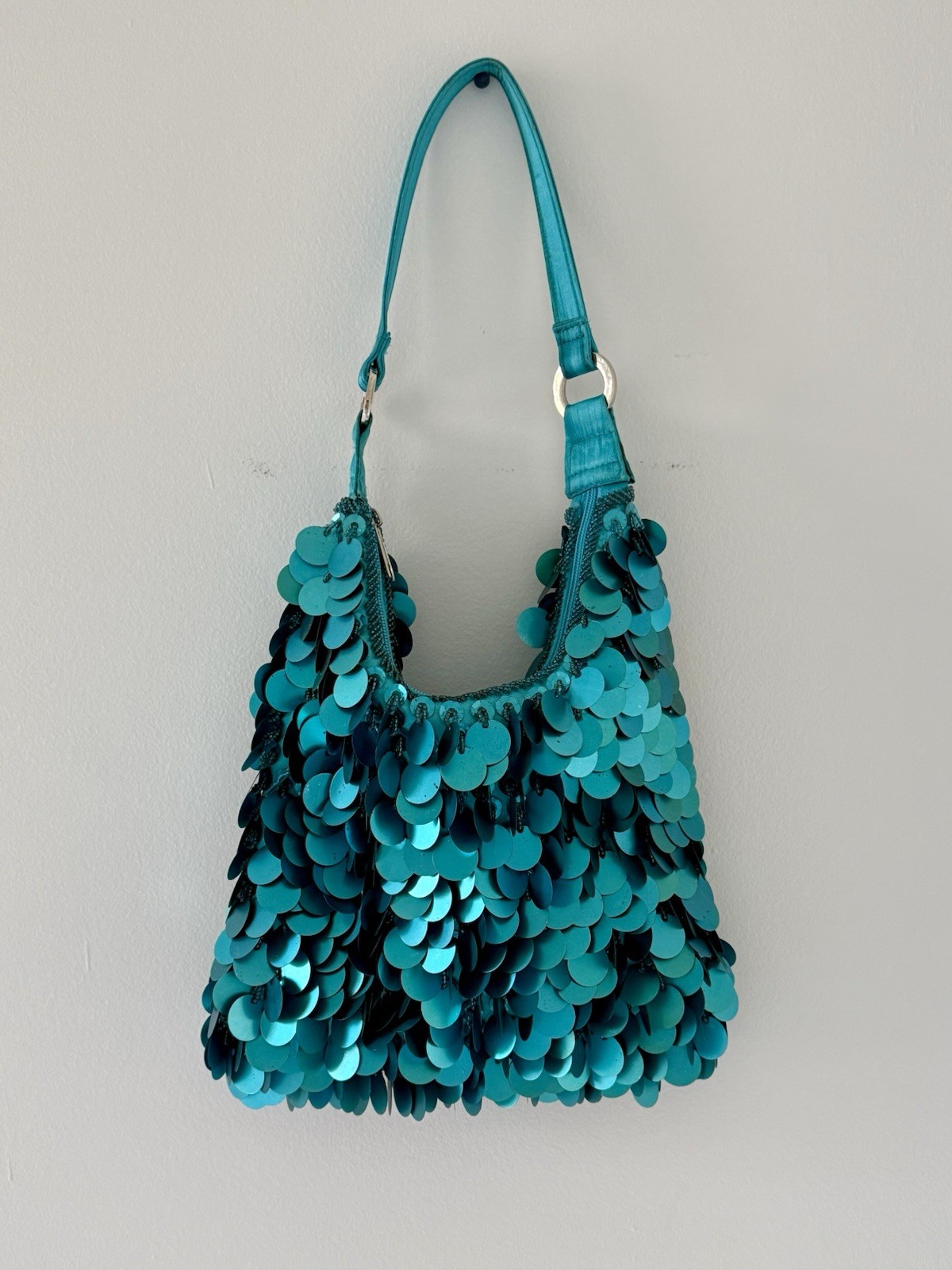 Turquoise Sequined Shoulder Handbag