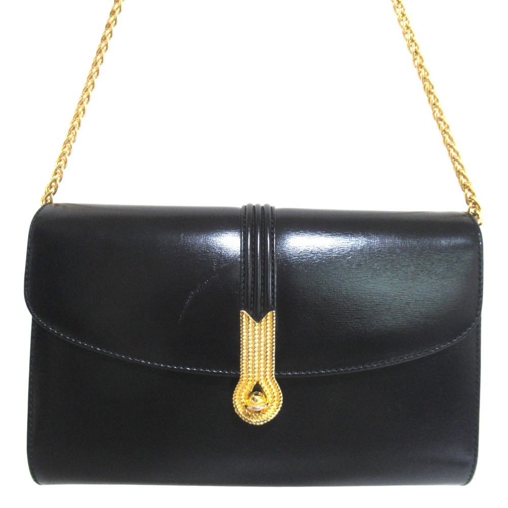 MORABITO Box Calf Leather Chain Shoulder Bag Black Gold Metal Women USED