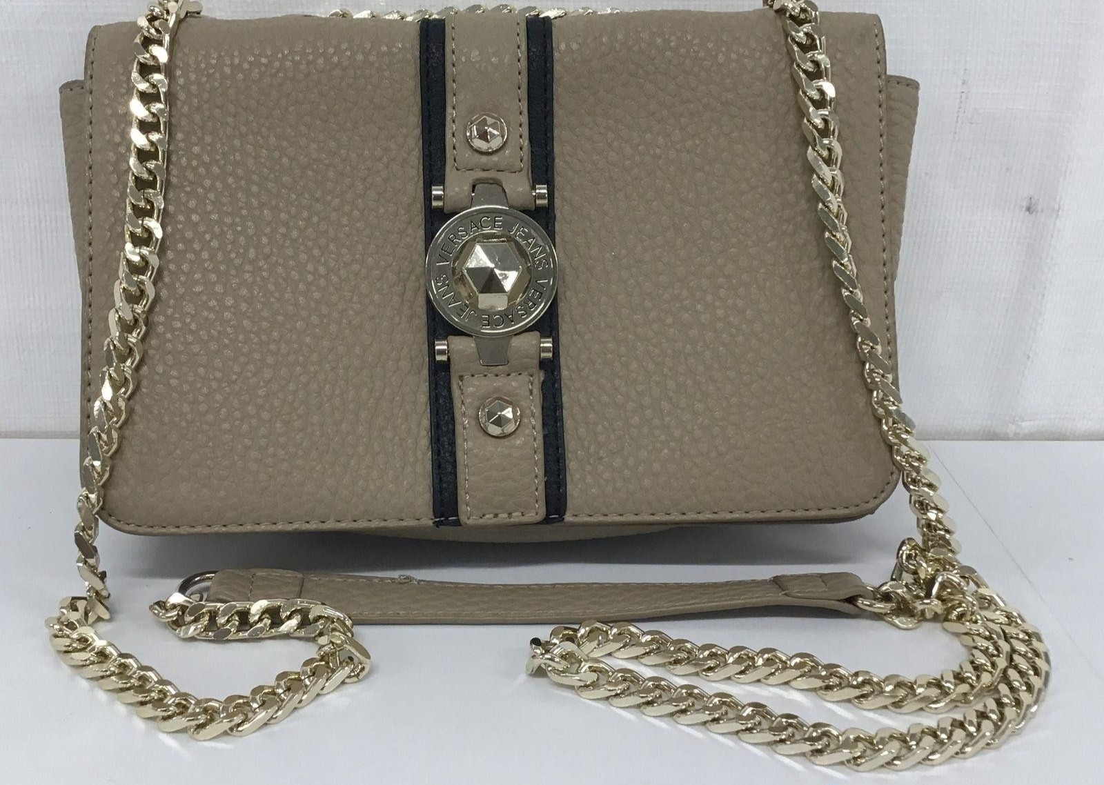 VERSACE JEANS WOMENS PURSE BEIGE CHAIN STRAP MEDALLION ACCENT TEXTURED