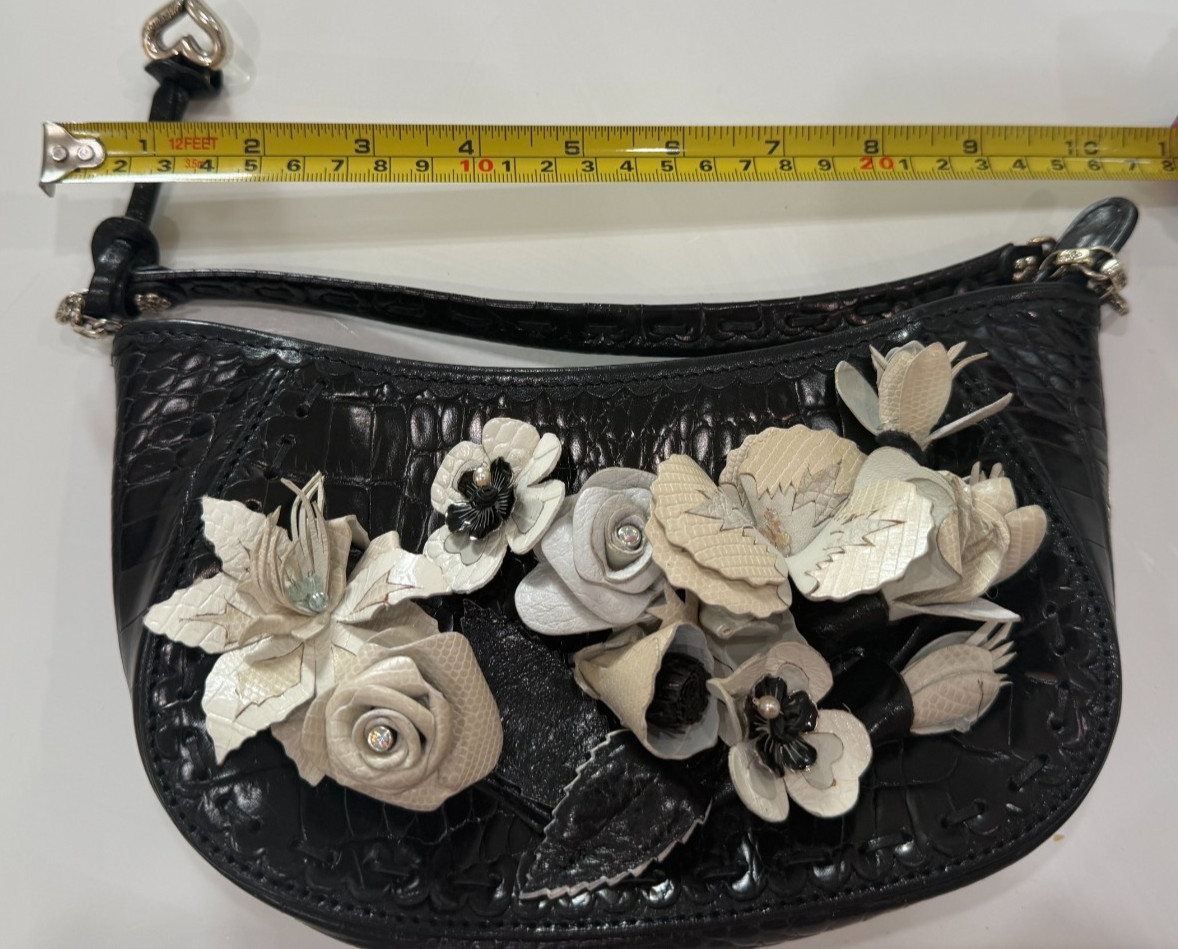 Brighton Calista Black Croc embossed leather 3D Flowers Mini Bag Evening retired