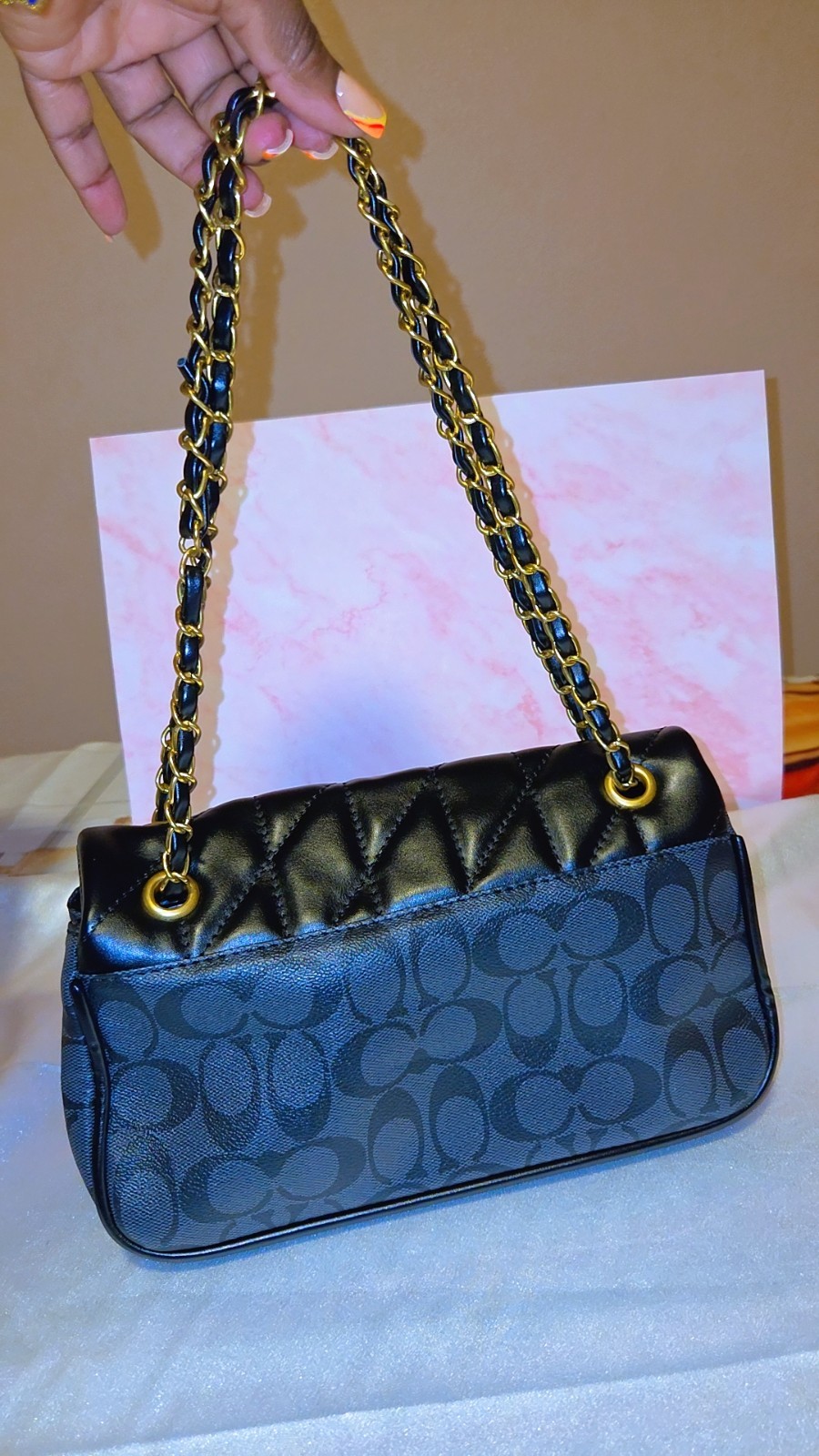 Coach Signature Quilted Turn Lock Shoulder Bag Black Gold Chain Small
