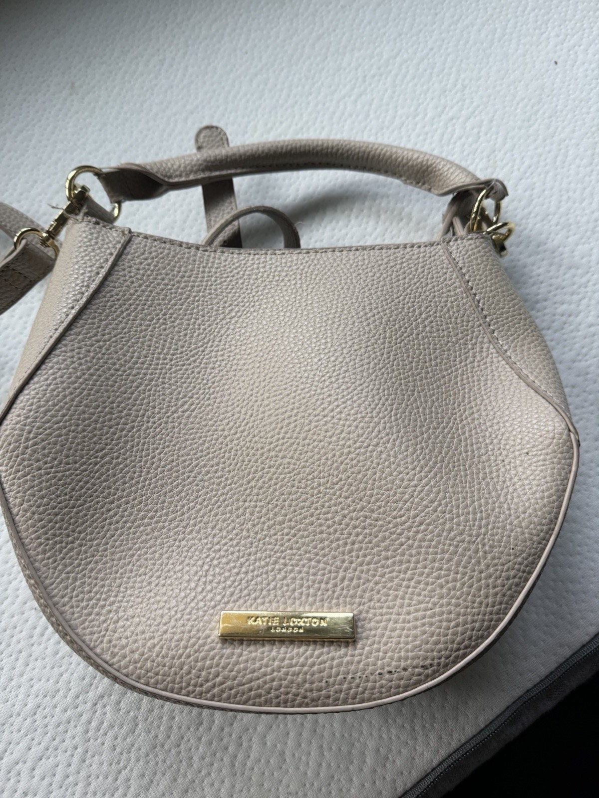 Katie Loxton Gray Pebbled Crescent Satchel Top Handle Zip, Gold Hardware Strap