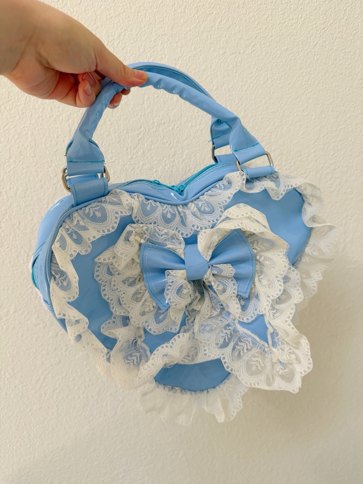 Blue Heart-Shaped Lace Ruffle Bow Shoulder Bag with Zipper Closure Lolita Style