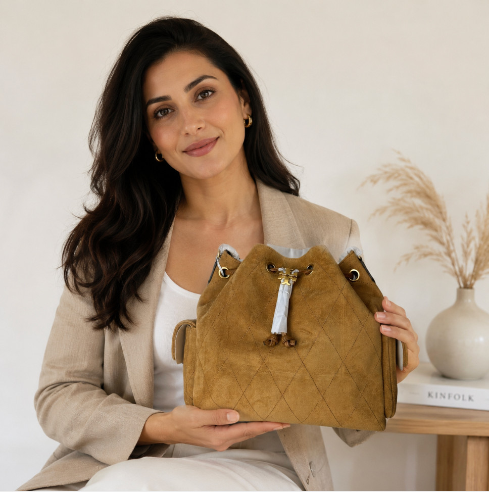 Authentic Tory Burch Charlie Quilted Toffee Suede Drawstring Bag NWT NO Duties