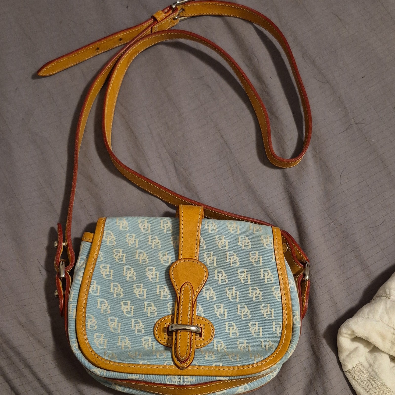 Vintage Dooney & Bourke Light Blue Denim DB Monogram Canvas Saddle Crossbody Bag
