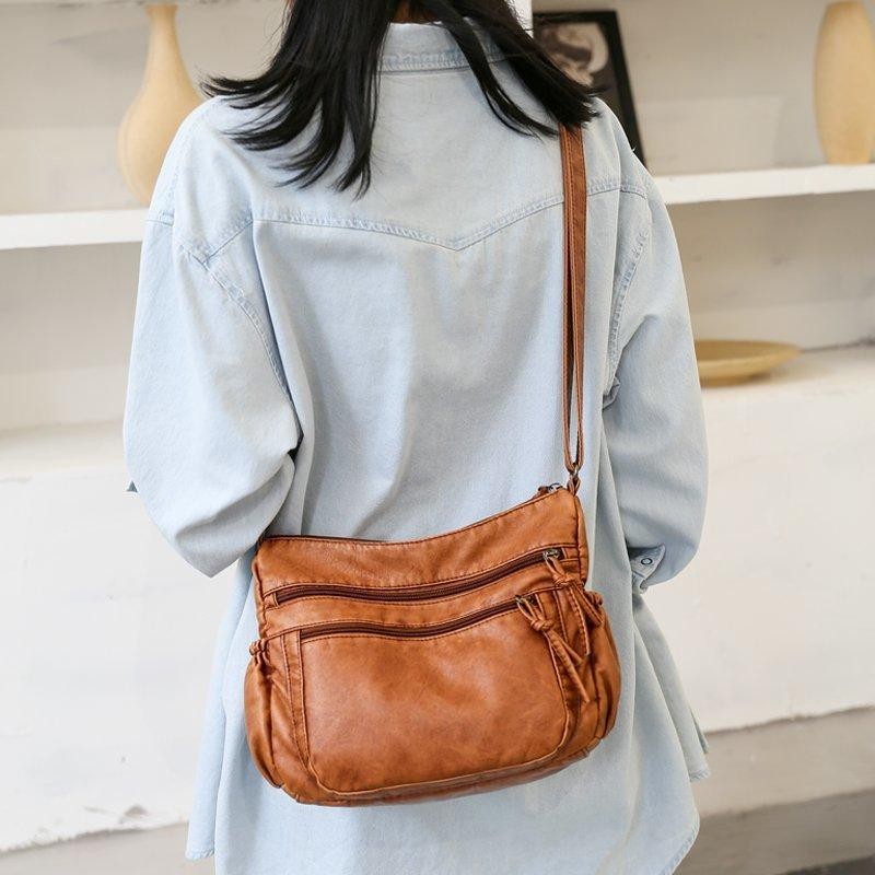 Women Washed PU Leather Shoulder Bag Retro Crossbody Large Capacity Tote New Bag