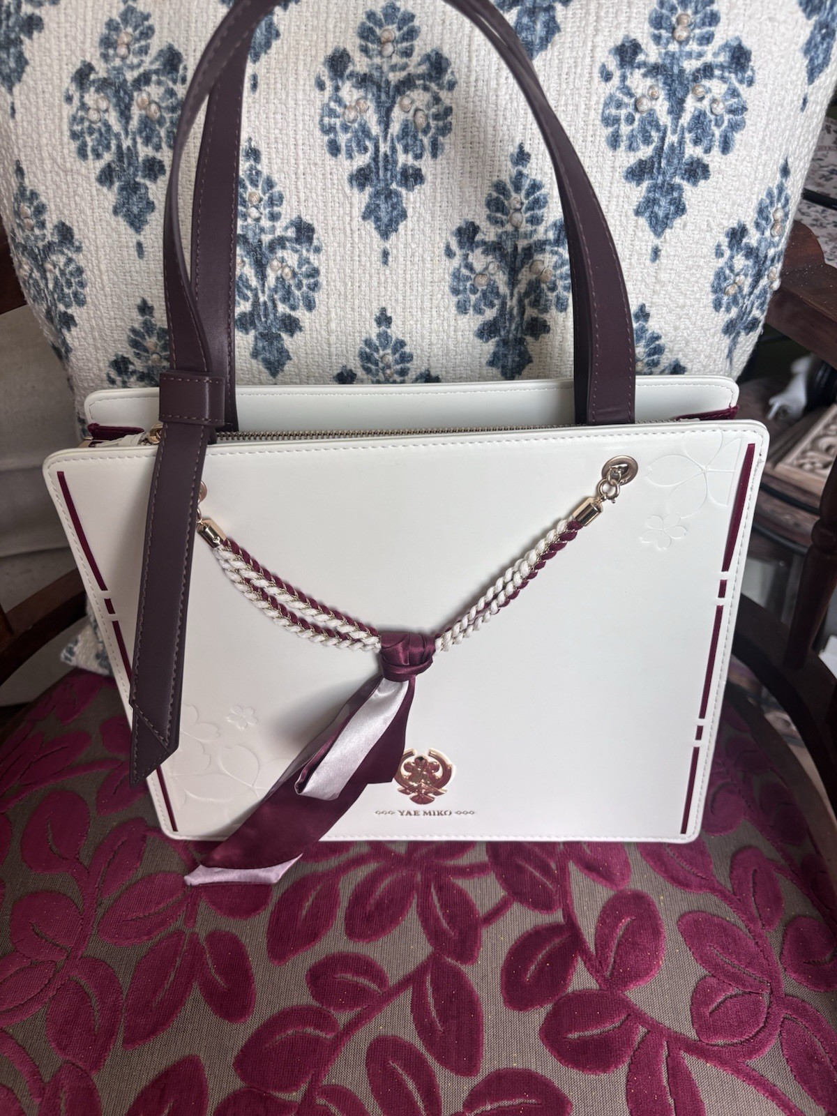 Yae Miko White/Purple Tote Bag Zip Top w/ Charm, Bow Accents, Pockets