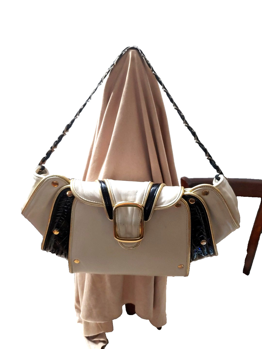 Unique Design Calf Skin Ivory And Black Two Tone Should Bag With Gold Button
