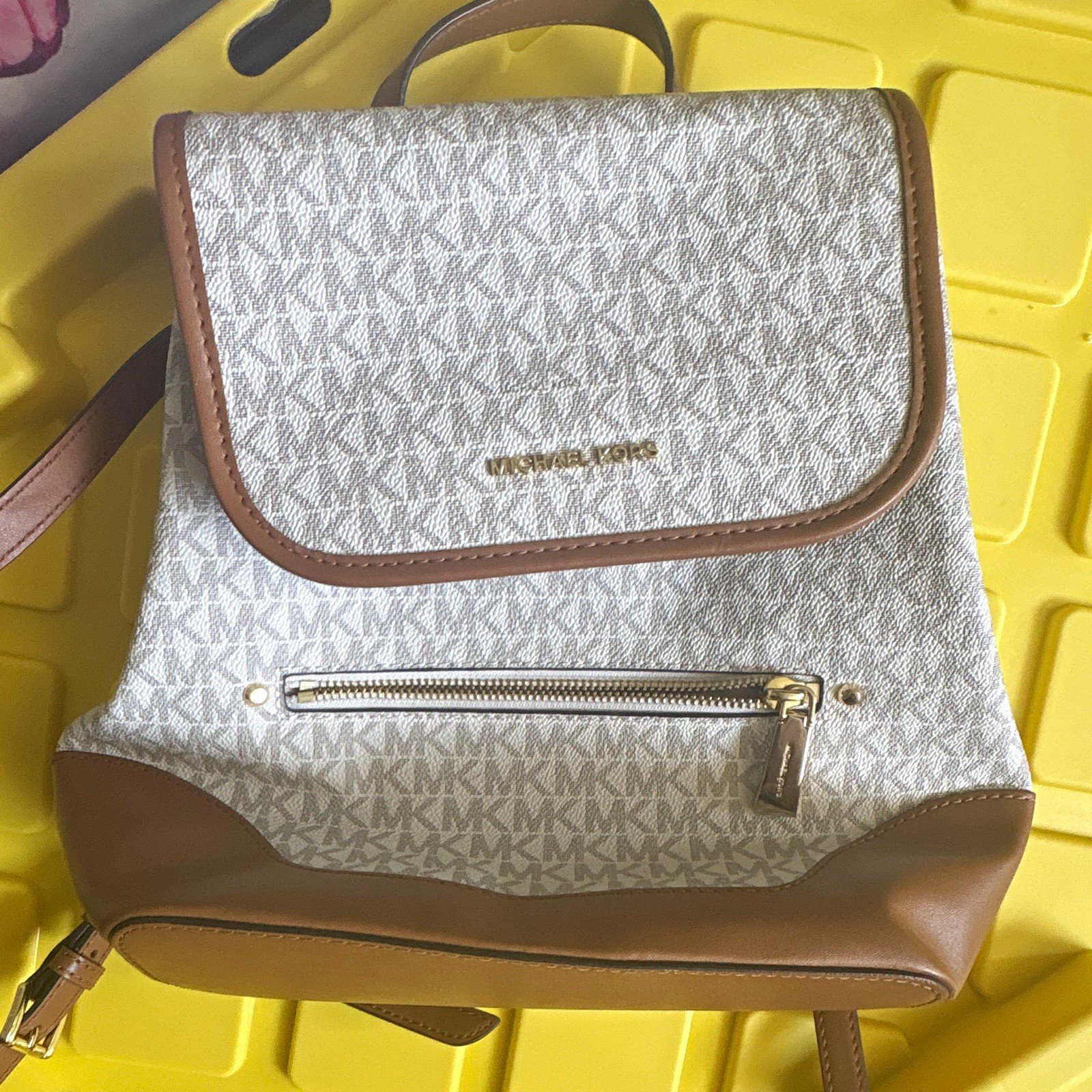 Michael Kors Logo Print Medium Backpack Beige Brown Zip Pockets Detachable Strap