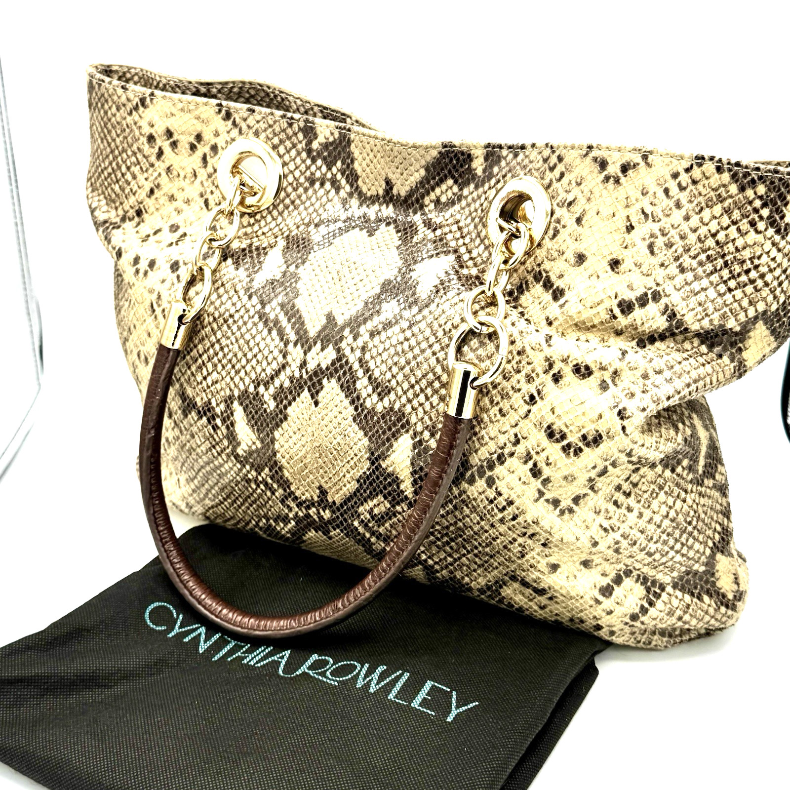 Cynthia Rowley Large Snake Print Leather Tote Handbag Gold Tone Dust Bag