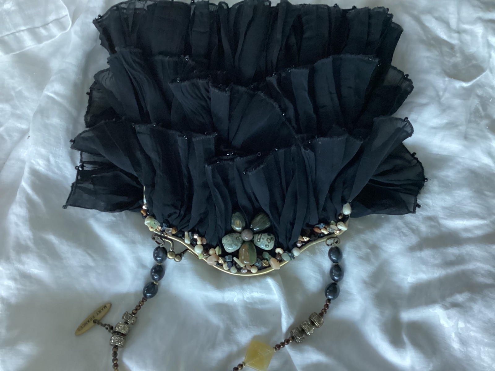 Mary Frances Black Chiffon Tiered Ruffles Shoulder Bag Natural Stones & Beads