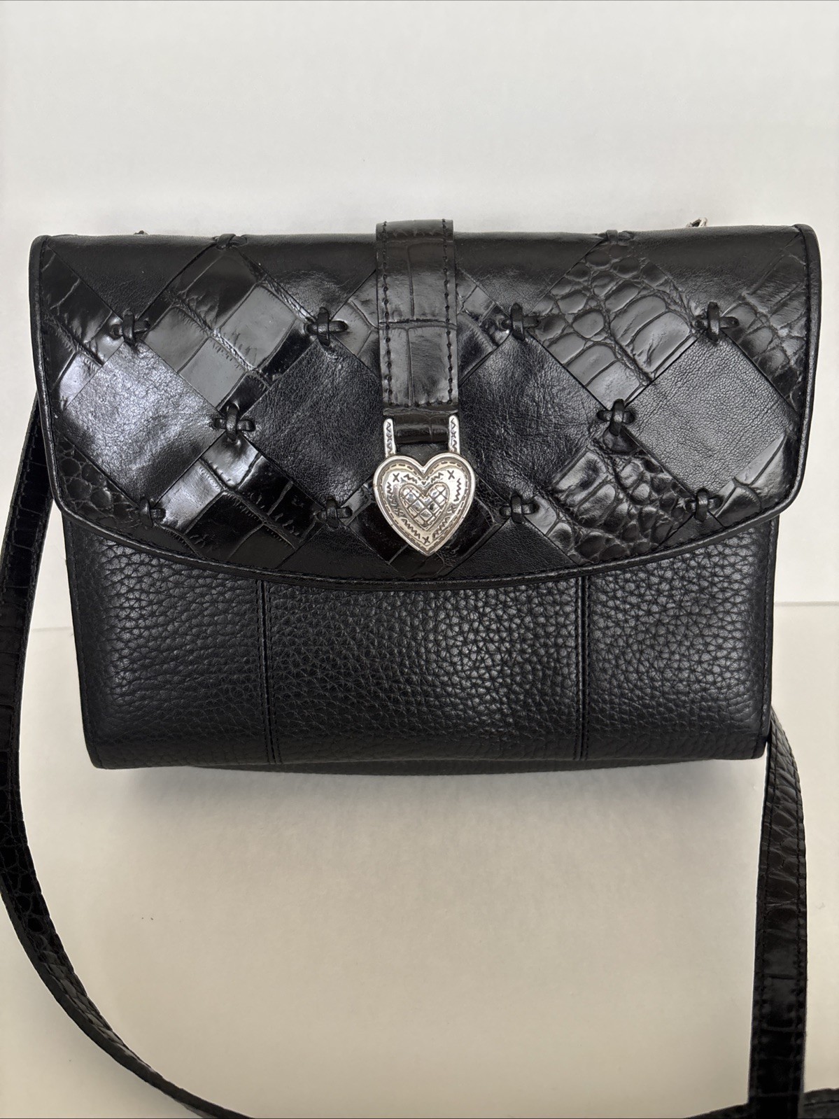 Brighton Romag Black Leather Crossbody Bag/Wallet Silver Heart Adjustable Strap