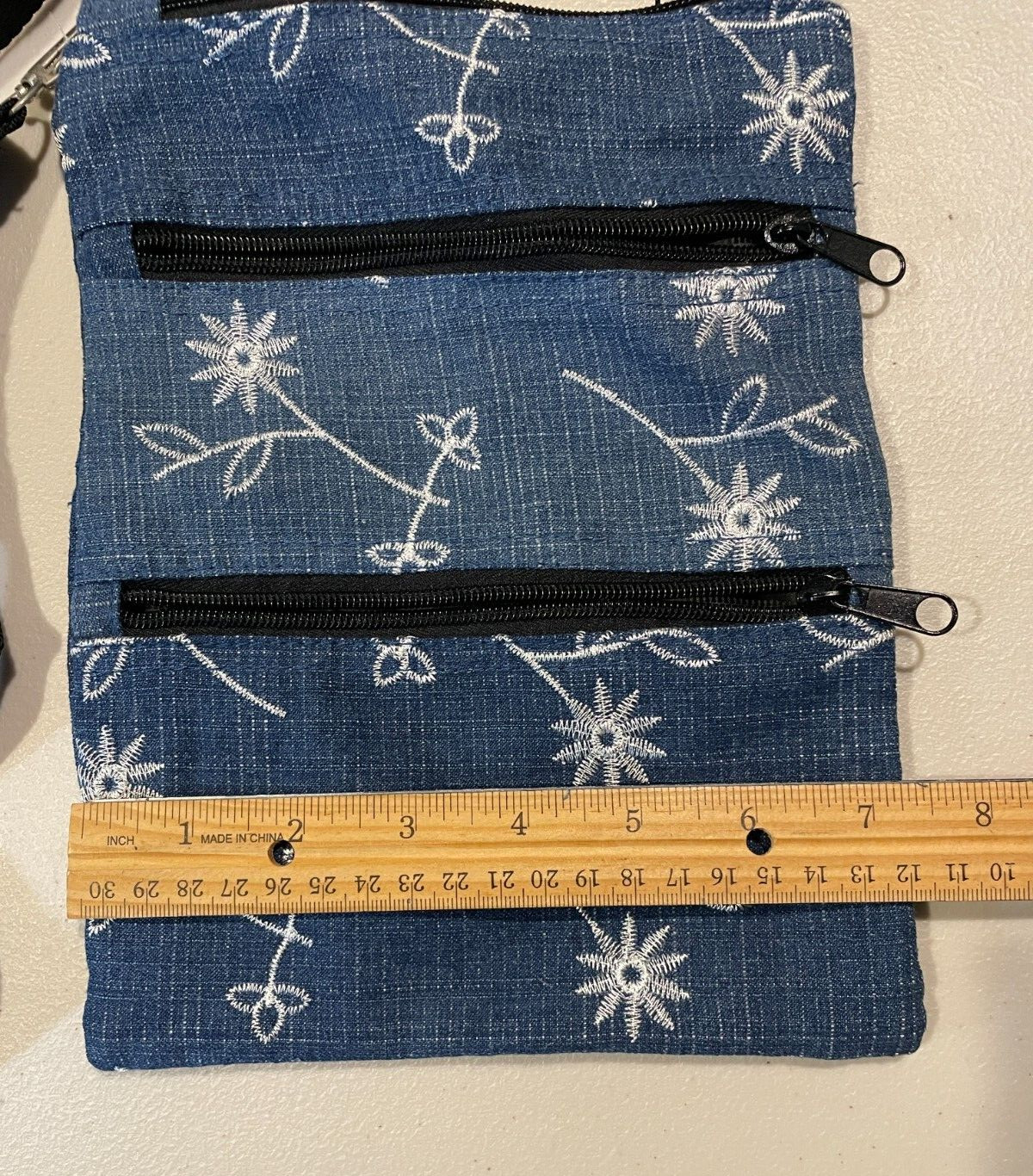 Faded Denim Blue Embroidered Crossbody Shoulder Bag Lightweight Purse