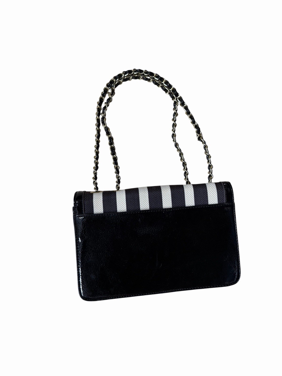 Anne Klein Black White Striped Shoulder Bag Gold Chain Strap Patent Trim Flap
