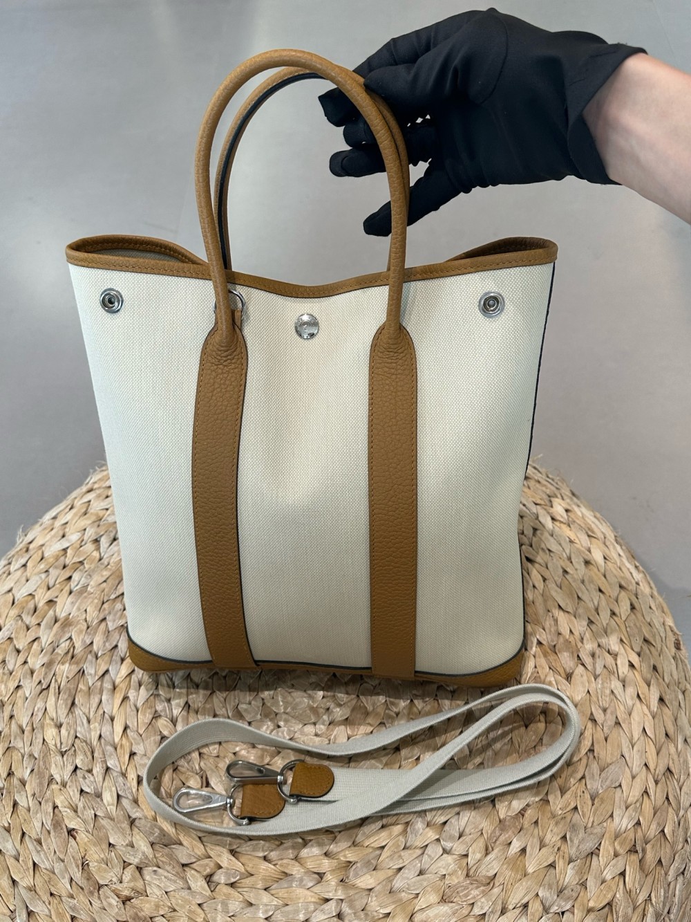 HERMÈS Garden Party 28 Beige Canvas Gold Togo Calfskin Tote Bag