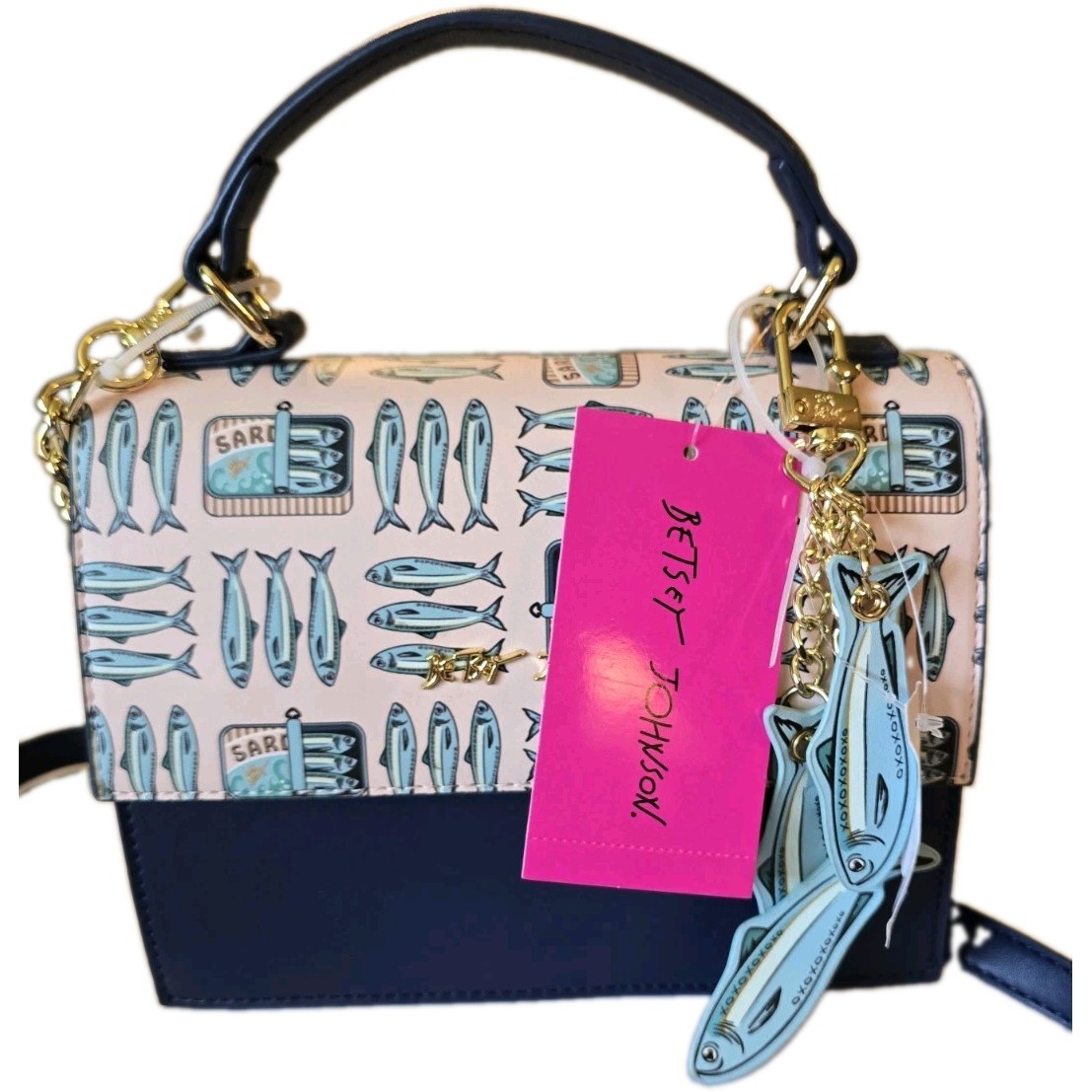 Betsey Johnson Sardine Navy Pink Multi Crossbody Bag Top Handle Purse NWT