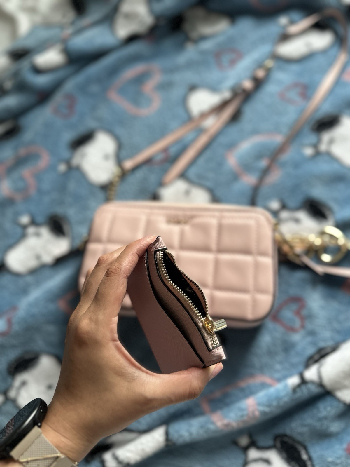 ALDO Pink Quilted Crossbody Bag Gold Chain Strap Heart Charm Zip Closure