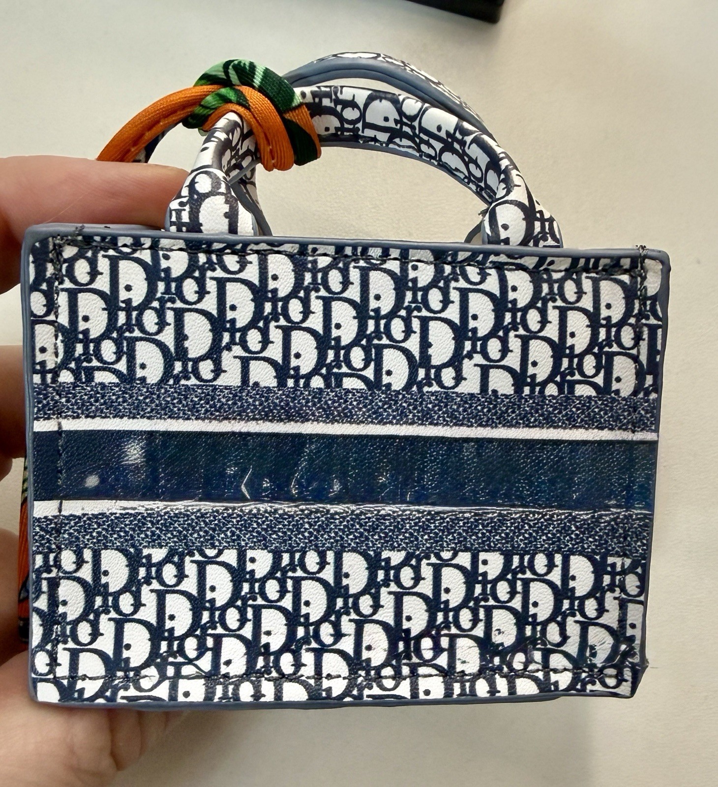 Blue & White Monogram Mini Top Handle Bag Logo Accents Bag Charm