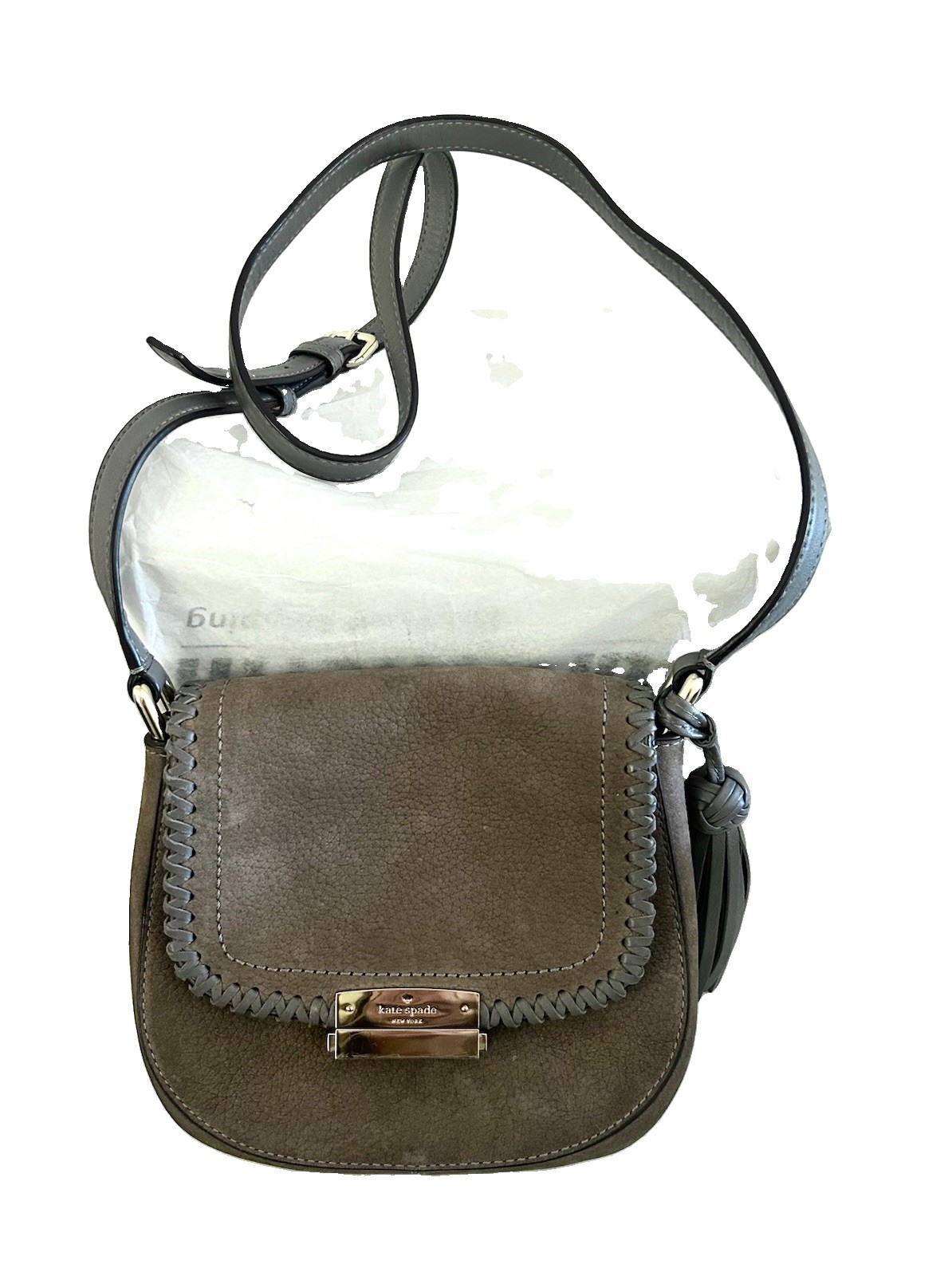 Kate Spade Adalise Somerton St Gray Suede Leather Saddle Crossbody Bag Tassel