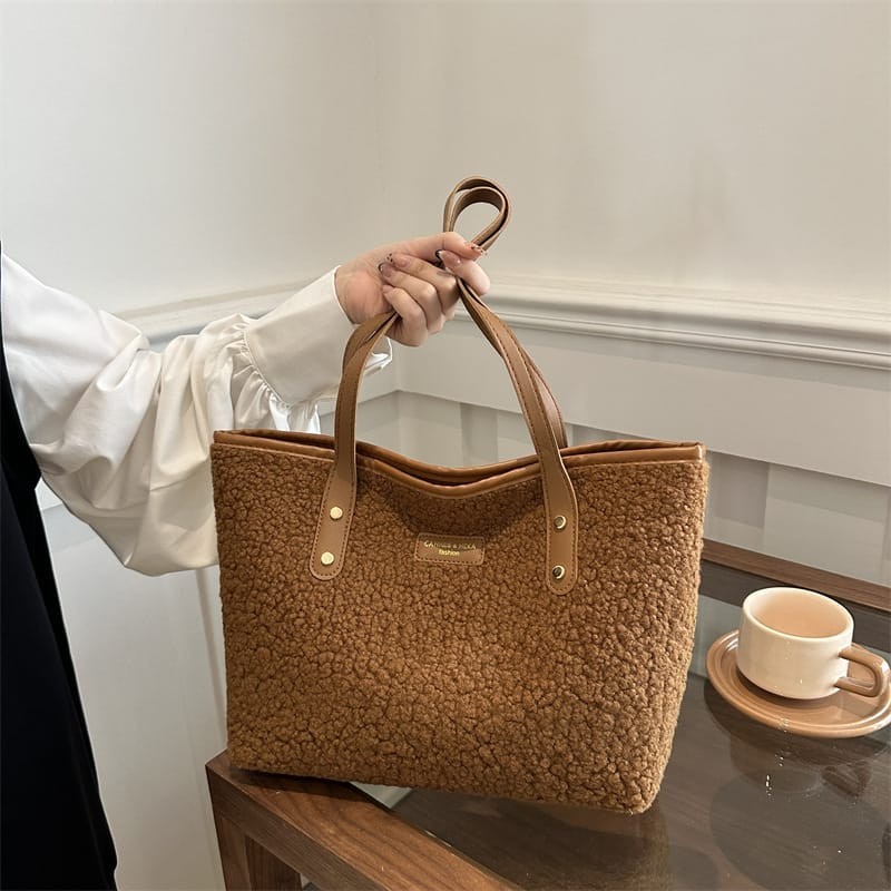 Women’s Teddy Tote Bag Soft Plush Shoulder Handbag Large Casual Shopper Bag
