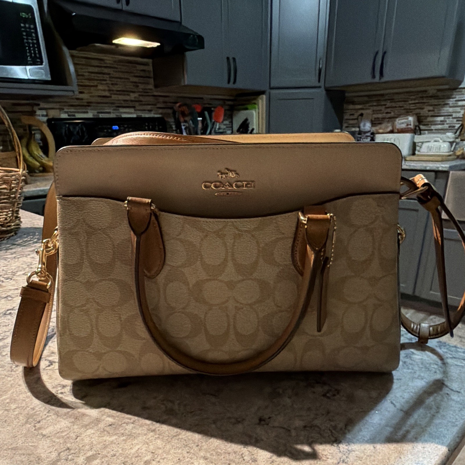 Coach Signature Logo Satchel Top Handle Zip Bag w/ Detachable Crossbody Strap