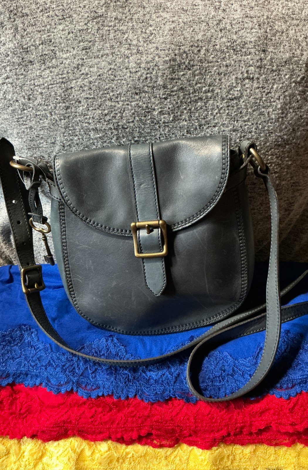 Fossil Revival Slate Blue Leather Buckle Flap Magnetic Messenger Crossbody
