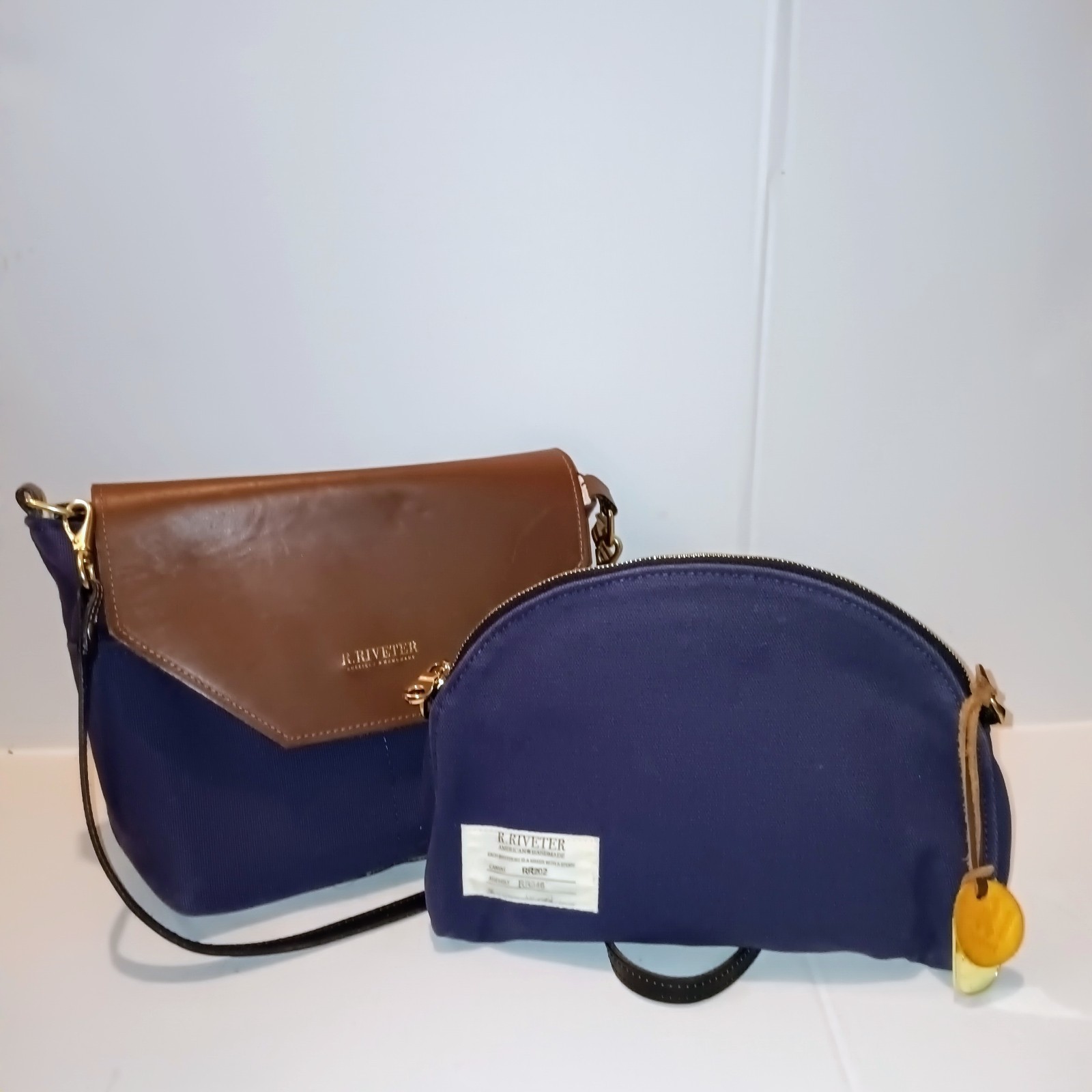 R Riveter Handbag Lot Of 2-Hopper Crossbody-Hobby Flap-Magnetic Close-Brass Zip