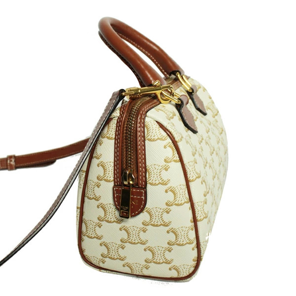 Celine Triomphe Small Boston Canvas Calfskin White Brown 197582 from Japan #188