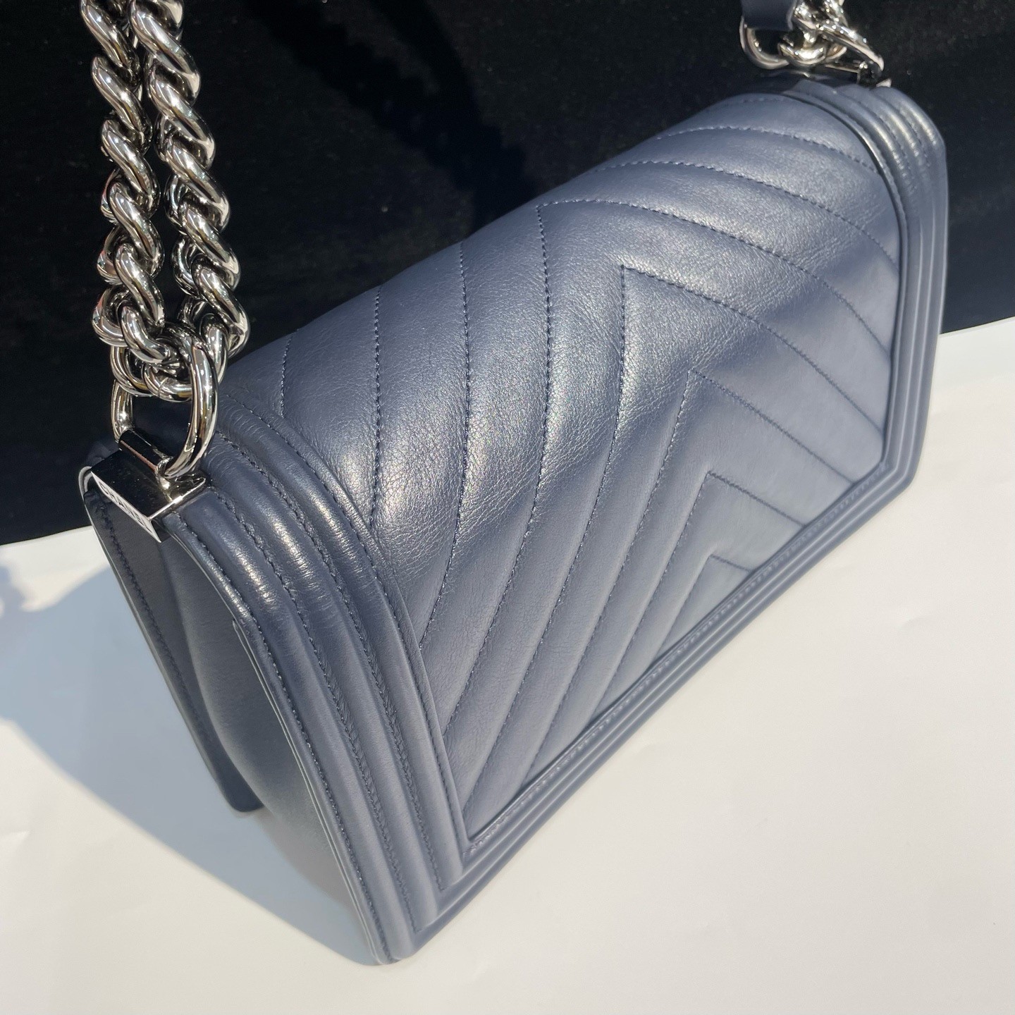 Chanel Le Boy Chevron Calfskin Blue Medium Shoulder Bag Silver Hardware