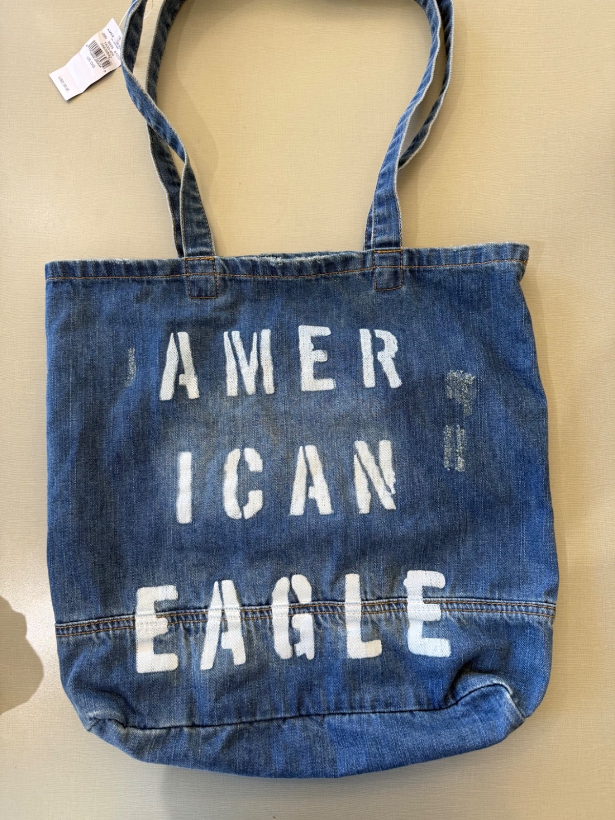 Y2K American Eagle Denim Tote Bag Vintage Blue Jean Shopper Travel Book Bag