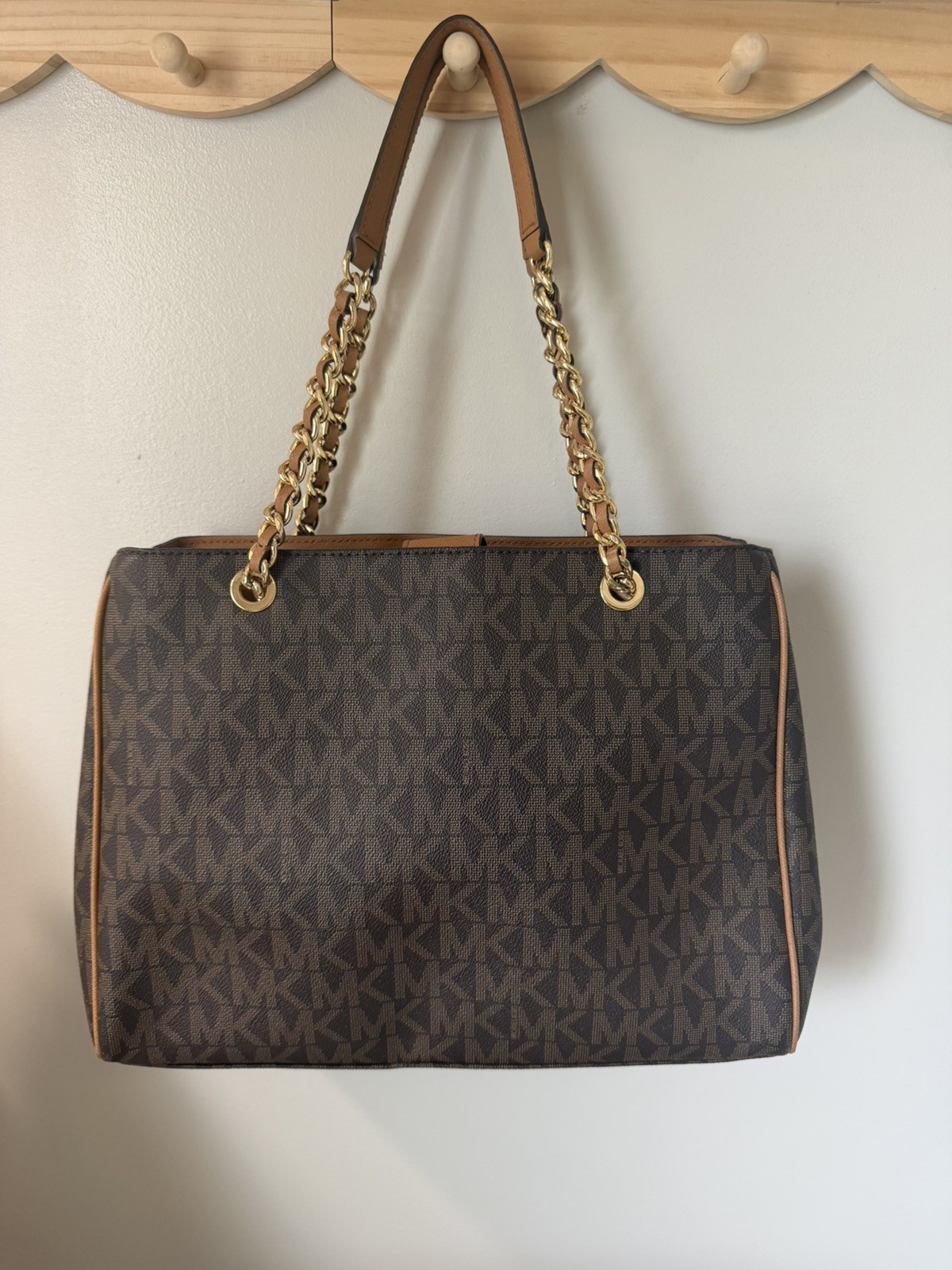 Michael Kors Monogram Tote Bag Brown Chain Gold Hardware Charm Multi Pocket