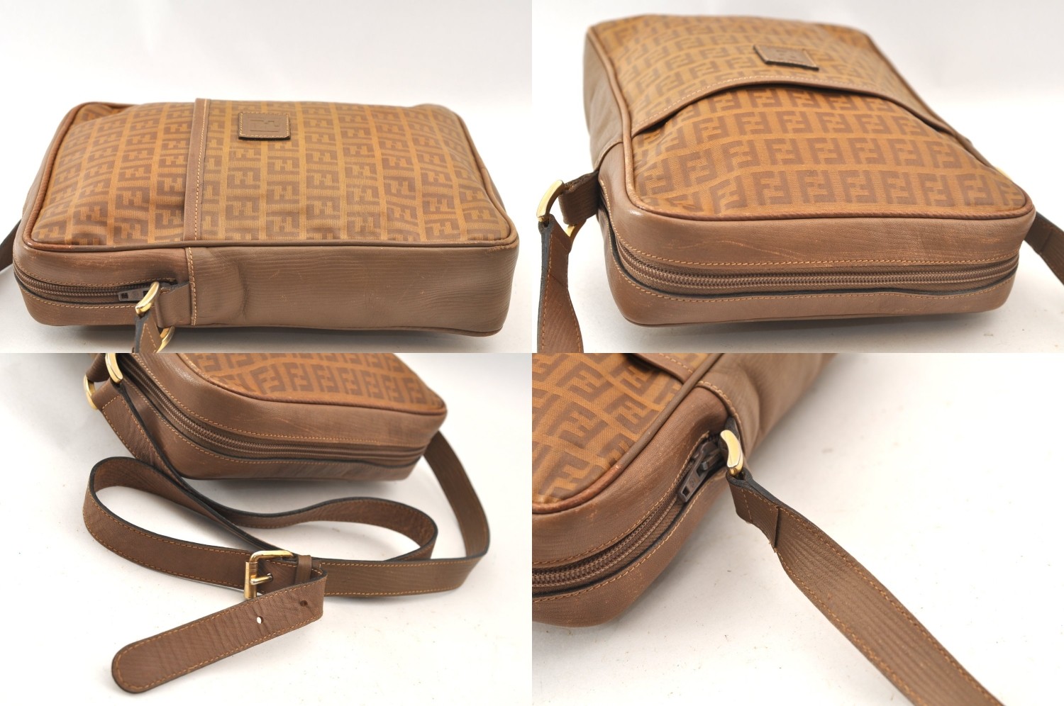 Authentic FENDI Zucchino Shoulder Cross Body Bag PVC Leather Brown AB760