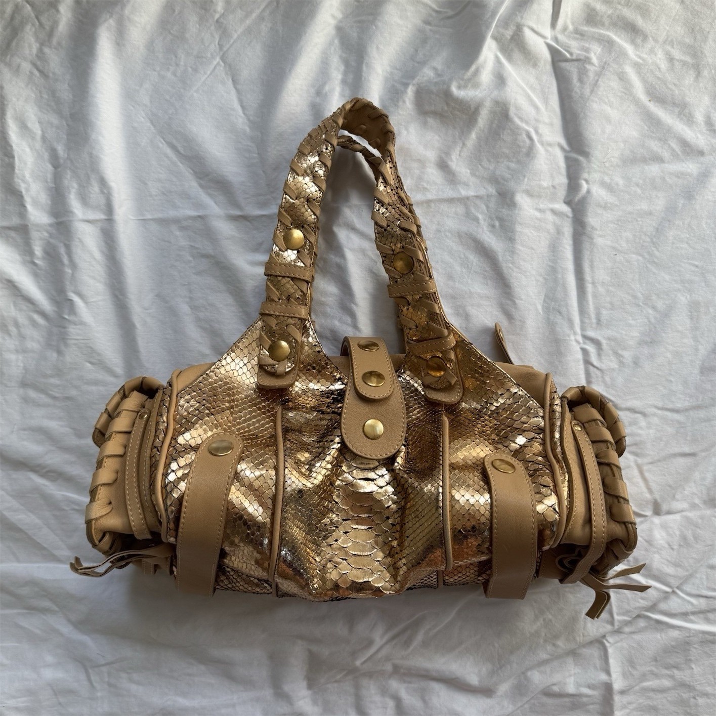 Chloé Metallic Snakeskin Satchel Zip Double Handles Gold Beige Handbag
