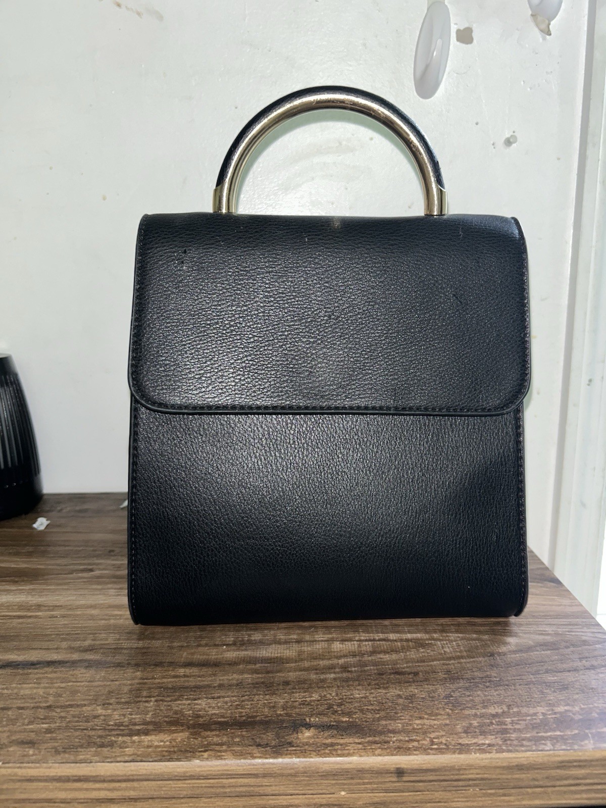 Black Mini Backpack Purse Gold Ring Handle Zip Closure Adjustable Strap