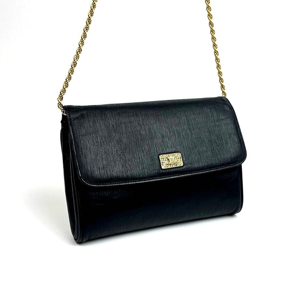 CELINE Triomphe Vintage Leather Chain Shoulder Bag Crystal Rhinestone Black