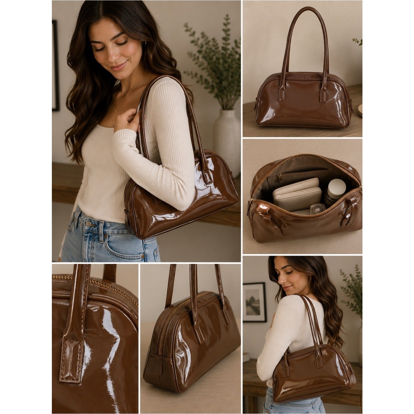 Brown Patent Shoulder Bag Small Bowler Purse