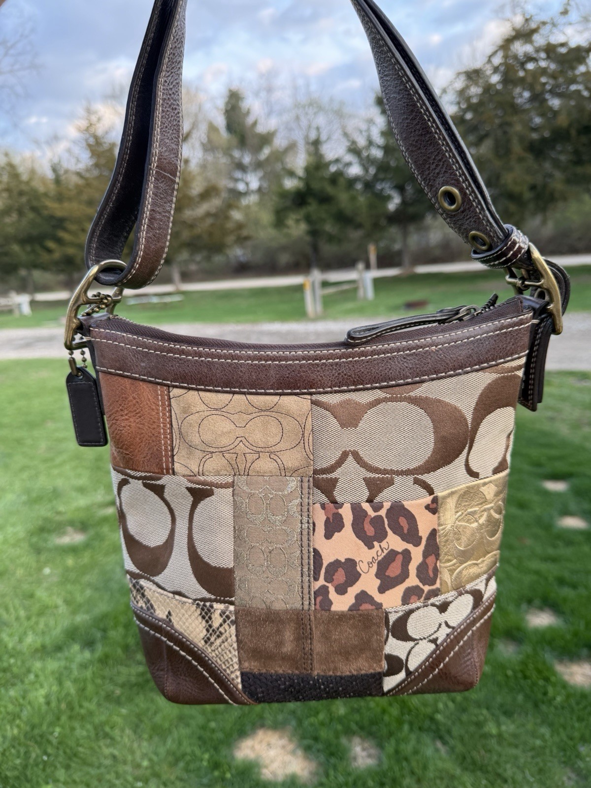 COACH Holiday Patchwork brown leather shoulder bag jacquard logo metallic