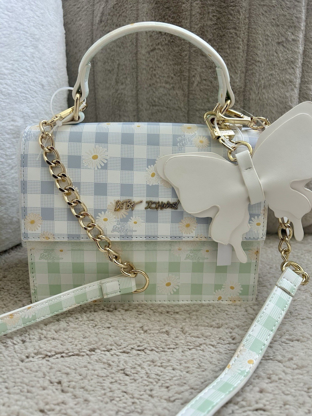 NWT Betsey Johnson Pastel Gingham Daisy Butterfly Satchel Handbag BM 30610